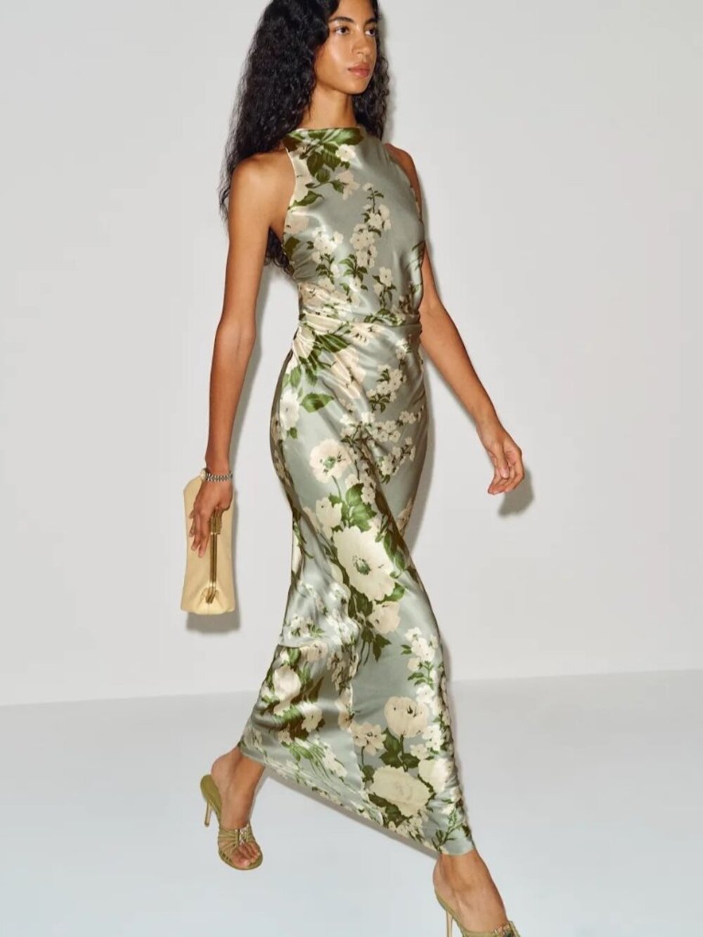 NEW Reformation Anaiis Long Silk Dress Tarragon Green Floral | size 0 - Picture 2 of 16